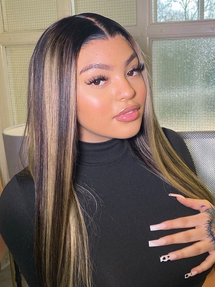Human Hair Glueless Lace Front Highlight Balayage Piano 250% Density Wig