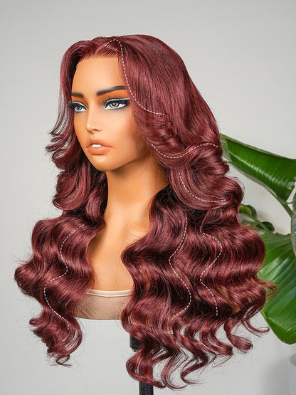 Human Hair Glueless Pre Styled Cherry Cola Straight Wavy 250% Density Wig
