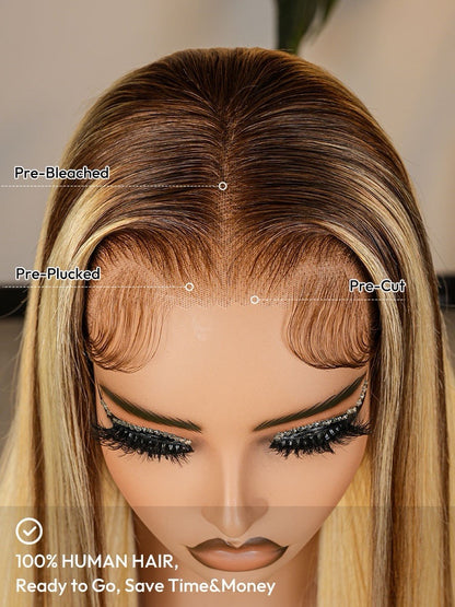 Human Hair Glueless Blonde Ombré Ready To  Wear 250% Full Density Straight Wig