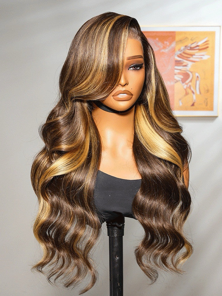 Human Hair Glueless Lace Front Pre Styled Honey Blonde Wavy 250% Density Wig