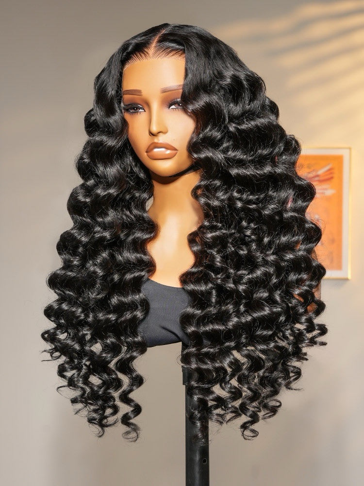 Human Hair Glueless Lace Front Pre Styled Loose Wave Wand Curl 250% Density Wig