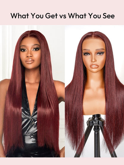 Human Hair Glueless Pre Styled Cherry Cola Straight Wavy 250% Density Wig