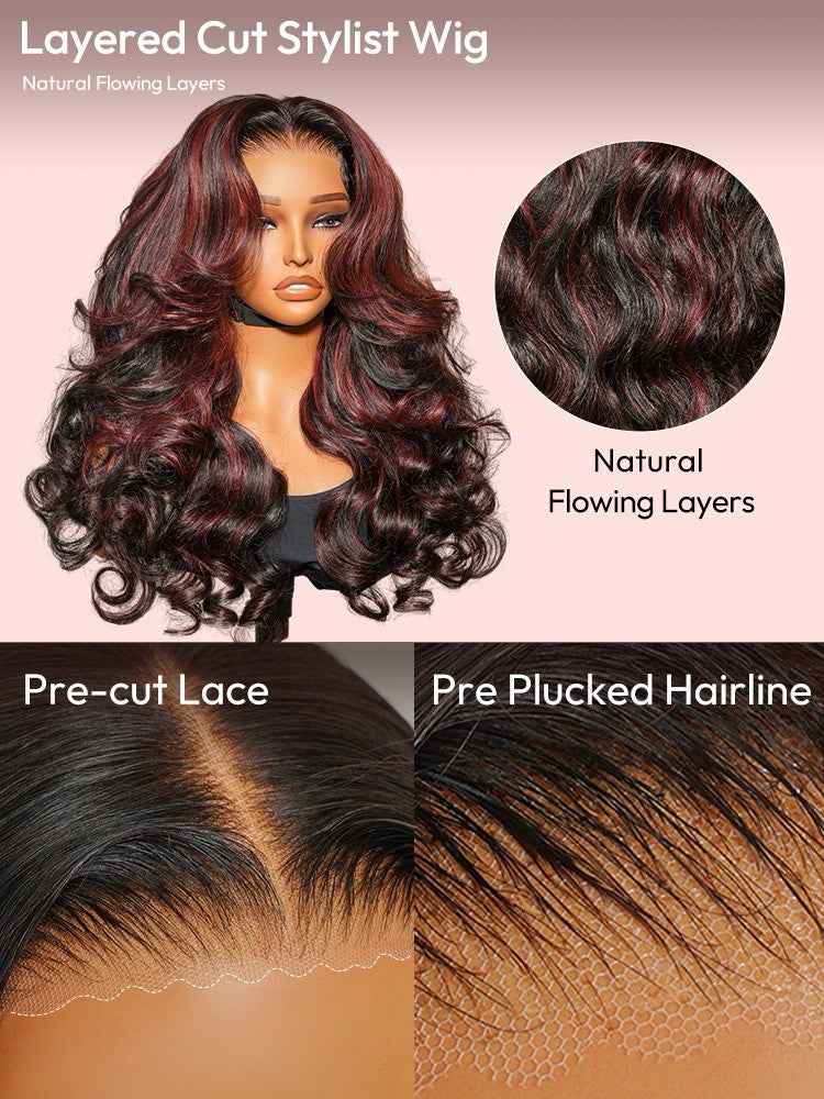 Human Hair Glueless Cherry Cola Red Highlight Layered Cut 250% Density Wig