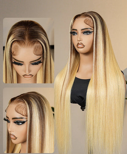 Human Hair Glueless Blonde Ombré Ready To  Wear 250% Full Density Straight Wig