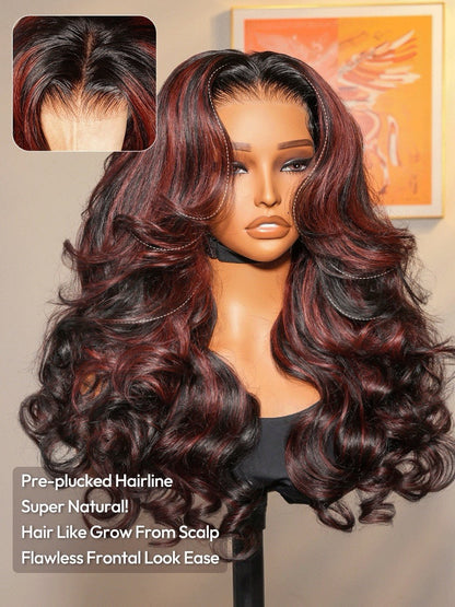 Human Hair Glueless Cherry Cola Red Highlight Layered Cut 250% Density Wig