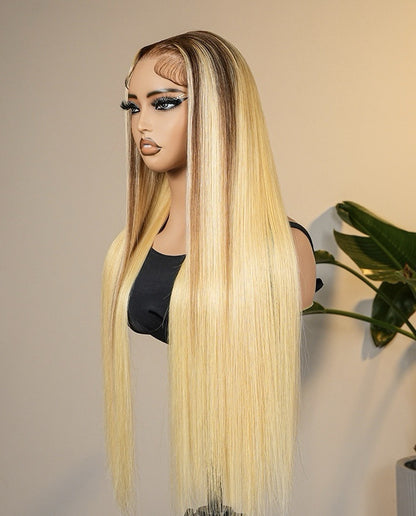 Human Hair Glueless Blonde Ombré Ready To  Wear 250% Full Density Straight Wig