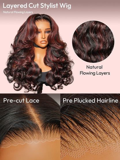 Human Hair Glueless Cherry Cola Red Highlight Layered Cut 250% Density Wig