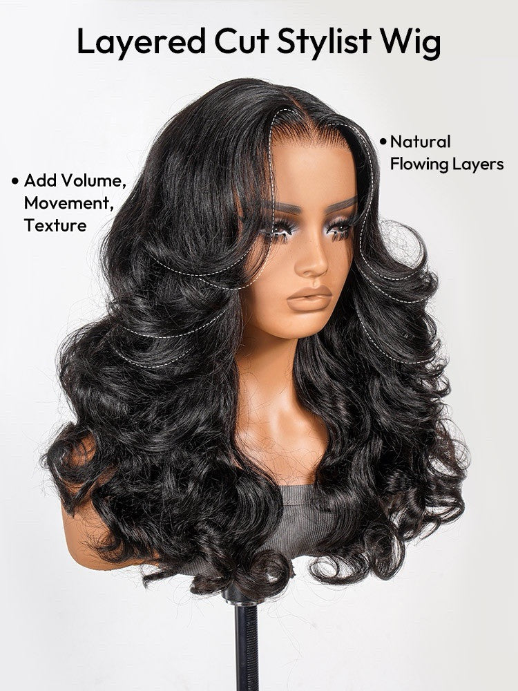 Human Hair Glueless Ready To Wear Layered Cut 250% Density  Wavy Wig