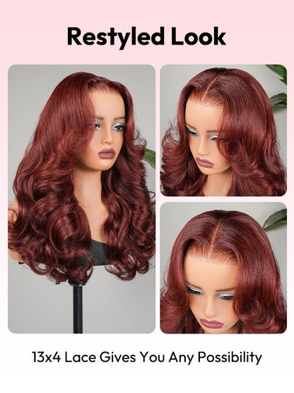 Human Hair Glueless Pre Styled Cherry Cola Red Wavy 250% Density Wig
