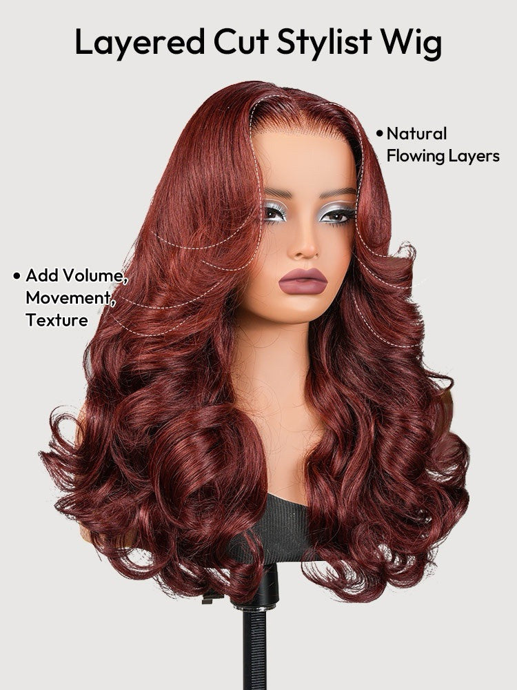 Human Hair Glueless Pre Styled Cherry Cola Red Wavy 250% Density Wig