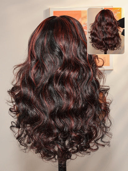 Human Hair Glueless Cherry Cola Red Highlight Layered Cut 250% Density Wig