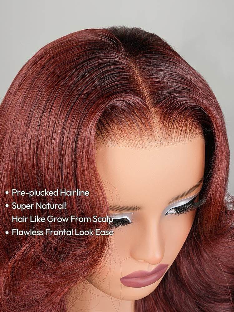 Human Hair Glueless Pre Styled Cherry Cola Red Wavy 250% Density Wig