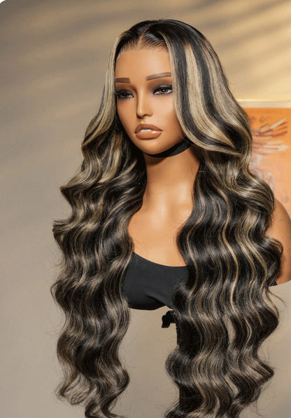 Human Hair Glueless Lace Front Highlight Balayage Piano 250% Density Wavy Wig
