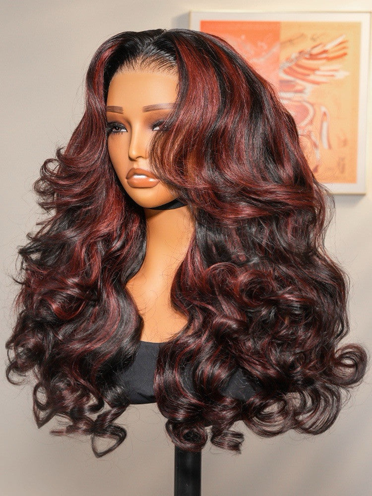 Human Hair Glueless Cherry Cola Red Highlight Layered Cut 250% Density Wig