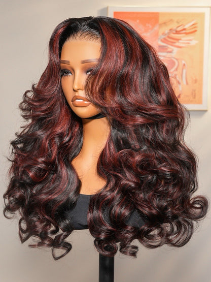 Human Hair Glueless Cherry Cola Red Highlight Layered Cut 250% Density Wig