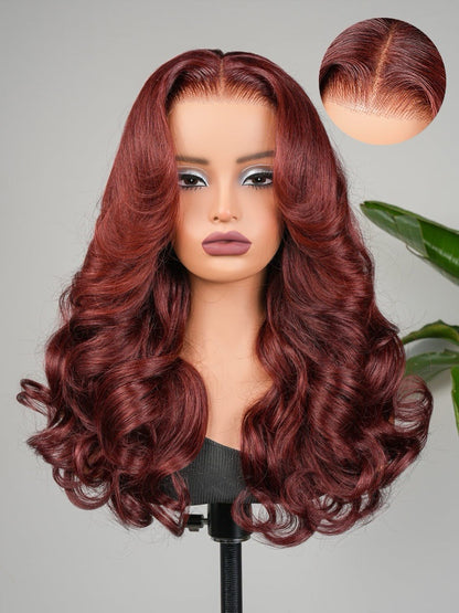 Human Hair Glueless Pre Styled Cherry Cola Red Wavy 250% Density Wig