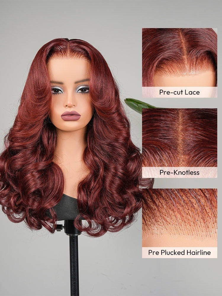 Human Hair Glueless Pre Styled Cherry Cola Red Wavy 250% Density Wig