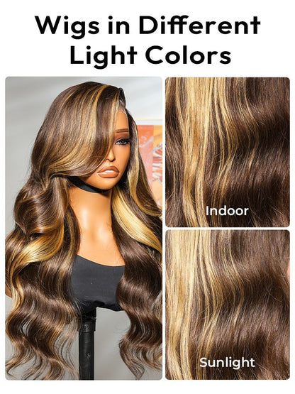Human Hair Glueless Lace Front Pre Styled Honey Blonde Wavy 250% Density Wig