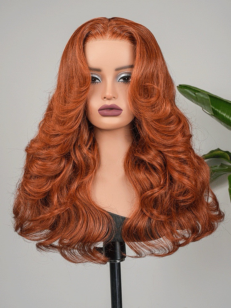 Human Hair Glueless Ready To Wear Layered Cut 250% Density  Wavy Wig Orange