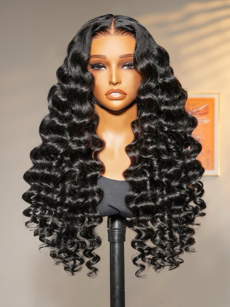 Human Hair Glueless Lace Front Pre Styled Loose Wave Wand Curl 250% Density Wig