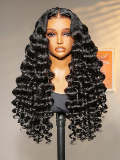 Human Hair Glueless Lace Front Pre Styled Loose Wave Wand Curl 250% Density Wig