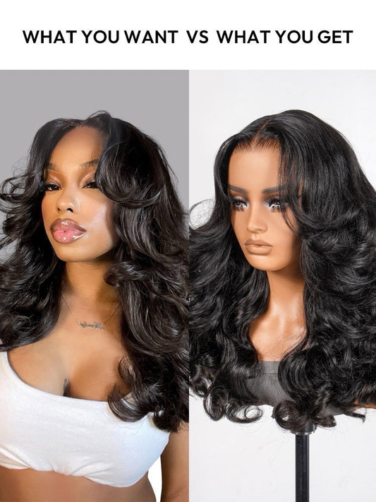 Human Hair Glueless Ready To Wear Layered Cut 250% Density  Wavy Wig