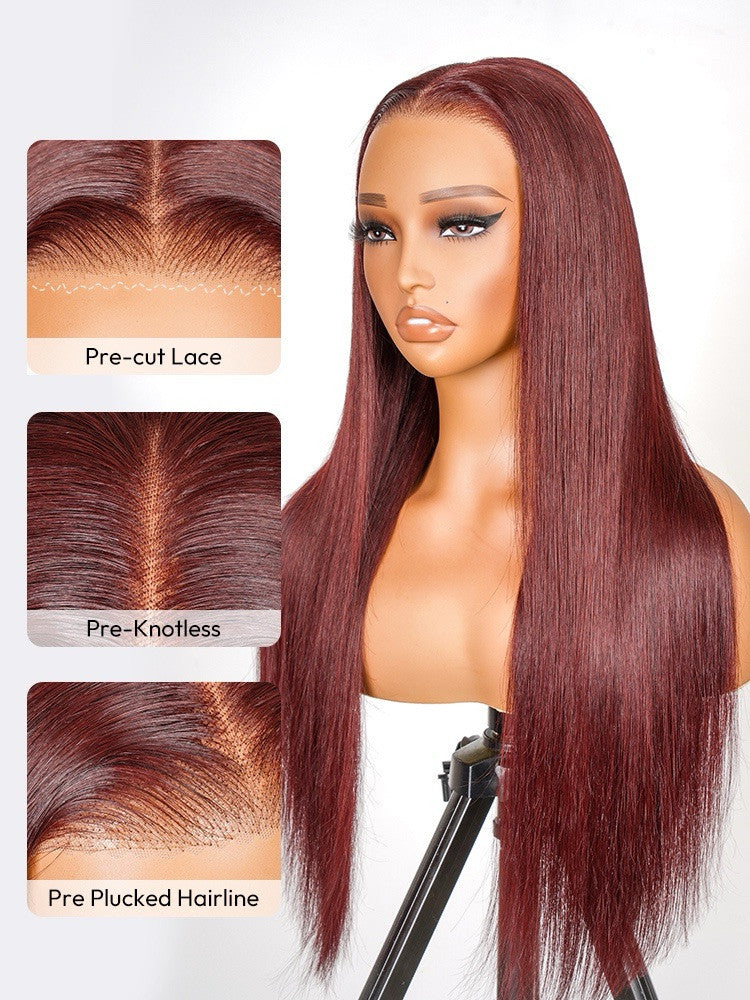 Human Hair Glueless Pre Styled Cherry Cola Straight Wavy 250% Density Wig