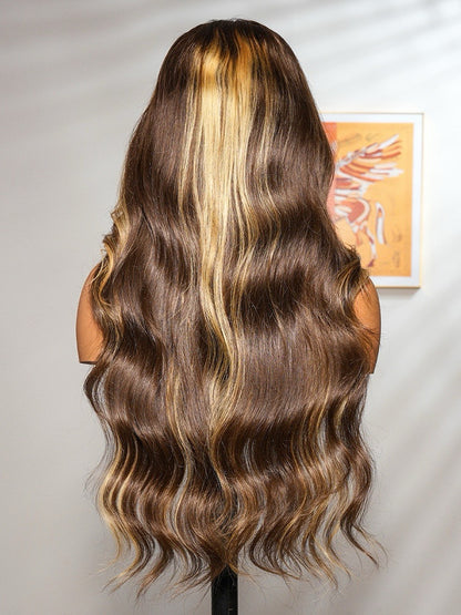Human Hair Glueless Lace Front Pre Styled Honey Blonde Wavy 250% Density Wig