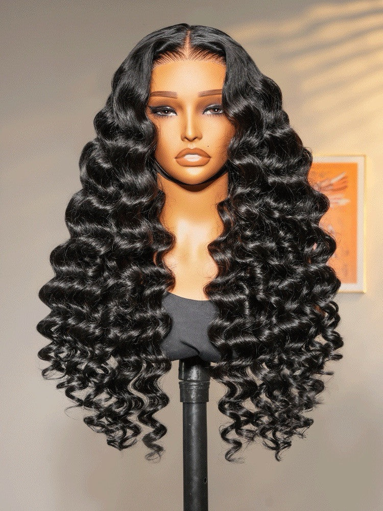 Human Hair Glueless Lace Front Pre Styled Loose Wave Wand Curl 250% Density Wig