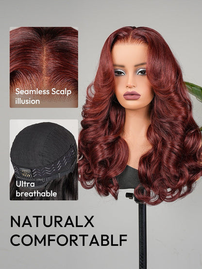 Human Hair Glueless Pre Styled Cherry Cola Red Wavy 250% Density Wig