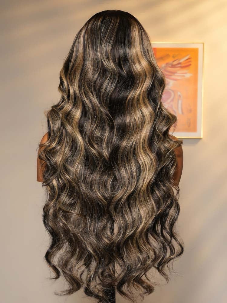 Human Hair Glueless Lace Front Highlight Balayage Piano 250% Density Wavy Wig