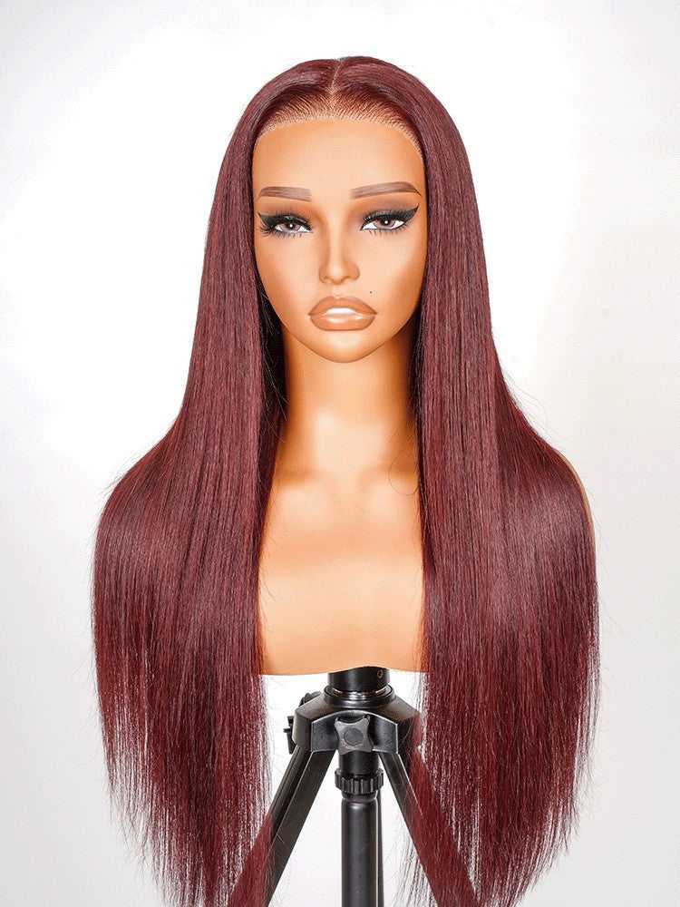 Human Hair Glueless Pre Styled Cherry Cola Straight Wavy 250% Density Wig