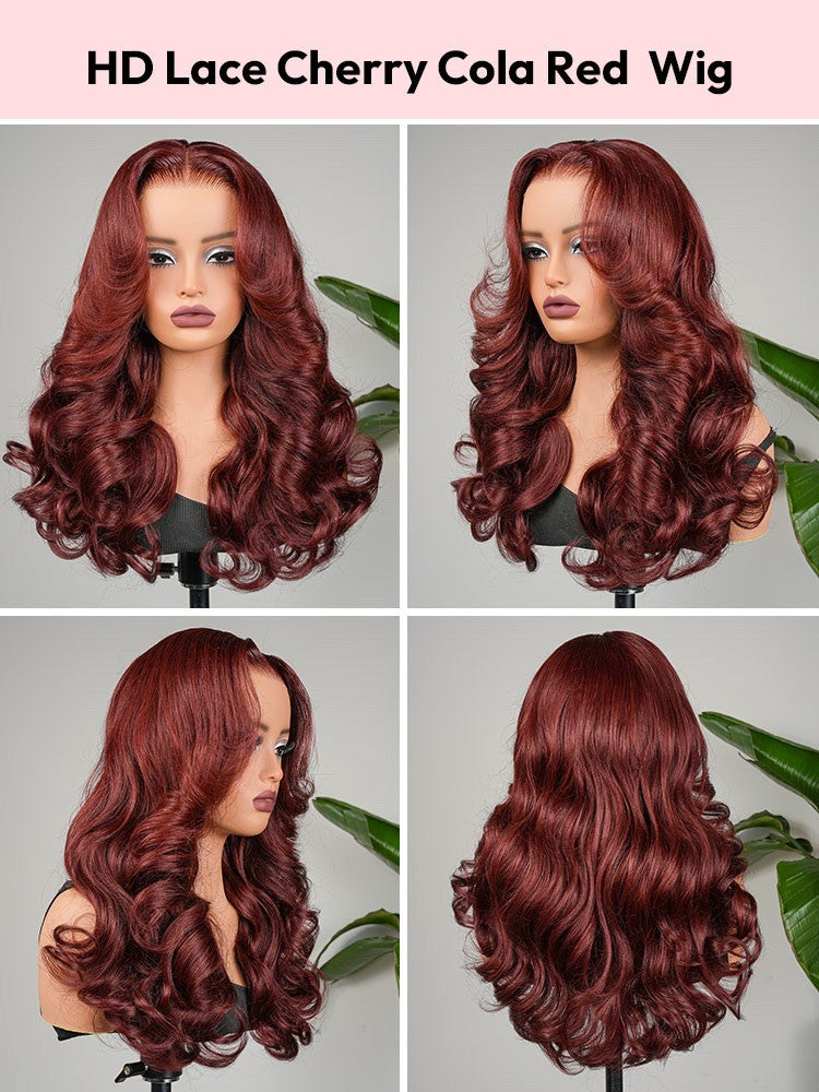 Human Hair Glueless Pre Styled Cherry Cola Red Wavy 250% Density Wig